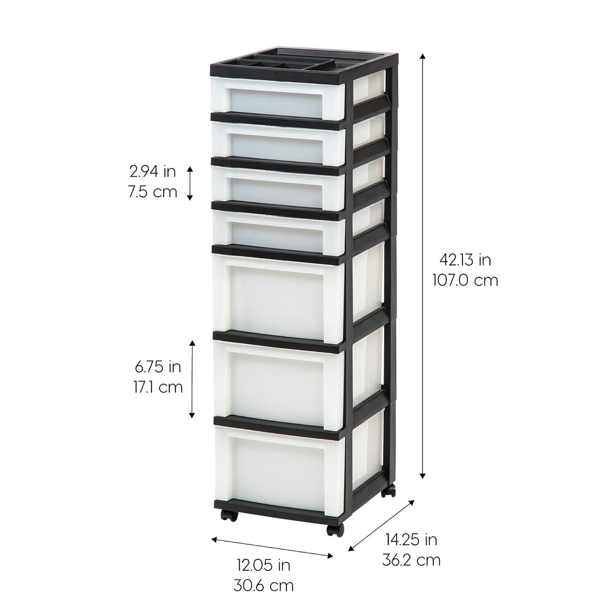 IRIS USA Carrito Organizador con Ruedas de 7 Cajones, Negro/Perla | Organiza manualidades, artículos de oficina, salón y accesorios con cajones de fácil acceso para uso diario