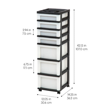 IRIS USA Carrito Organizador con Ruedas de 7 Cajones, Negro/Perla | Organiza manualidades, artículos de oficina, salón y accesorios con cajones de fácil acceso para uso diario