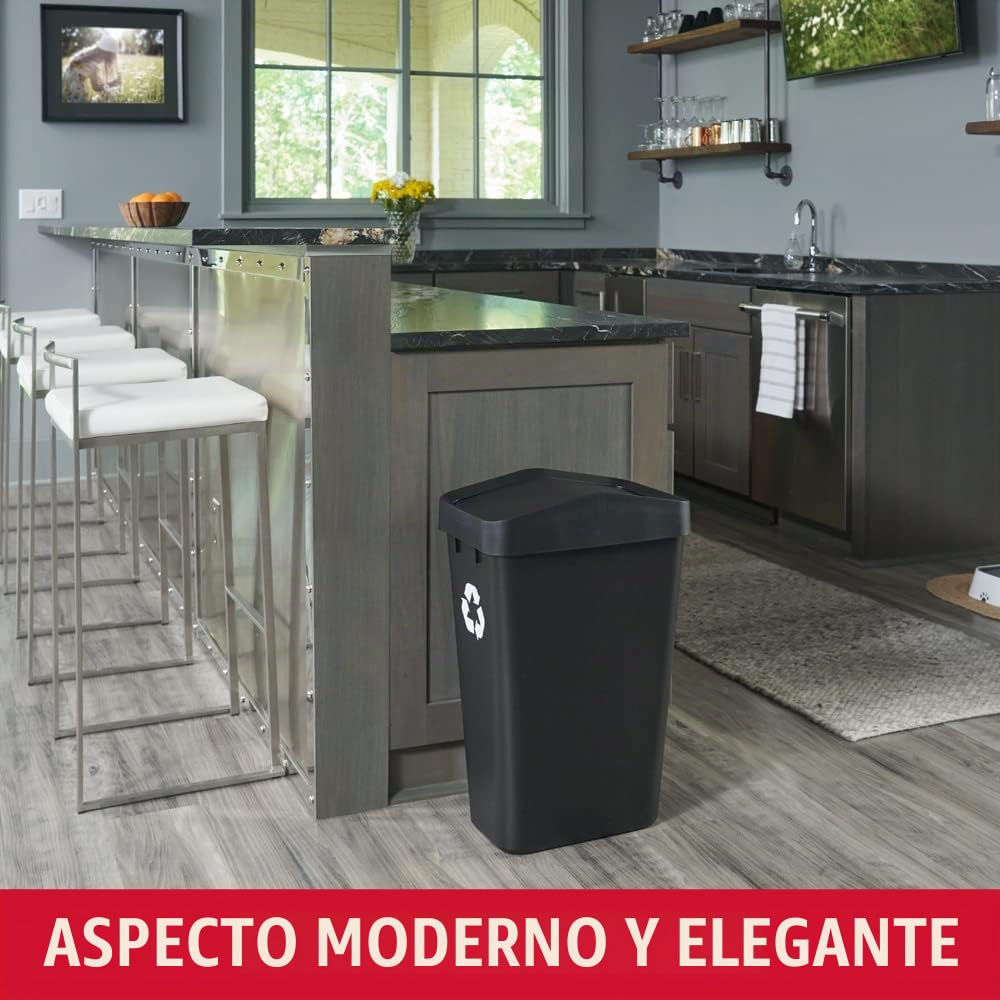 Rubbermaid – Contenedor de Reciclaje con Tapa Abatible que Facilita Clasificar los Residuos, Bote de Perfil Delgado para Cocina, Lavandería y Despensa, Capacidad de hasta 46 L, Negro 2170114