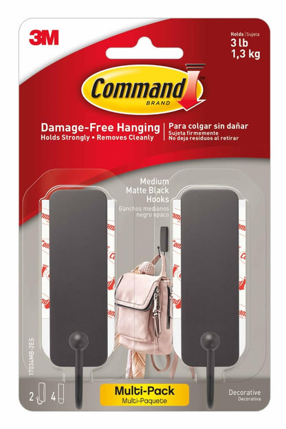 Command Ganchos de Pared Decorativos Medianos, 2 Ganchos Negros y 4 Tiras de Comando