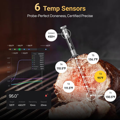 Typhur Sync - Termómetro inalámbrico para carne Quad Gen 2 | 4 sondas | 6 sensores | visualización LCD | WiFi y Bluetooth 5.3 | Estabilidad y alcance mejorados | IPX8 impermeable | para barbacoa