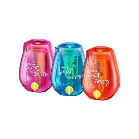 Bostitch Twist-n-Sharp Pencil Sharpener, 3-Pack, For Kids & Colored Pencils, Assorted Colors (PS1-ADJ-3PK)