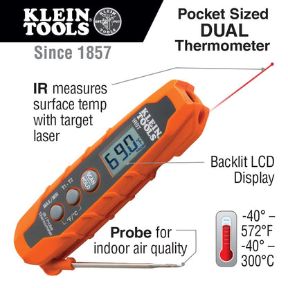 Klein Tools IR07 Termómetro digital LCD de tamaño de bolsillo para sonda y infrarrojo doble (IR)