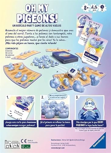 Ravensburger Oh My Pigeons! Juego de Mesa Familiar Party Game para 2 a 5 Jugadores +8 Años Juego de Estrategia y Diversión Rápida con Mini Figuras de Palomas