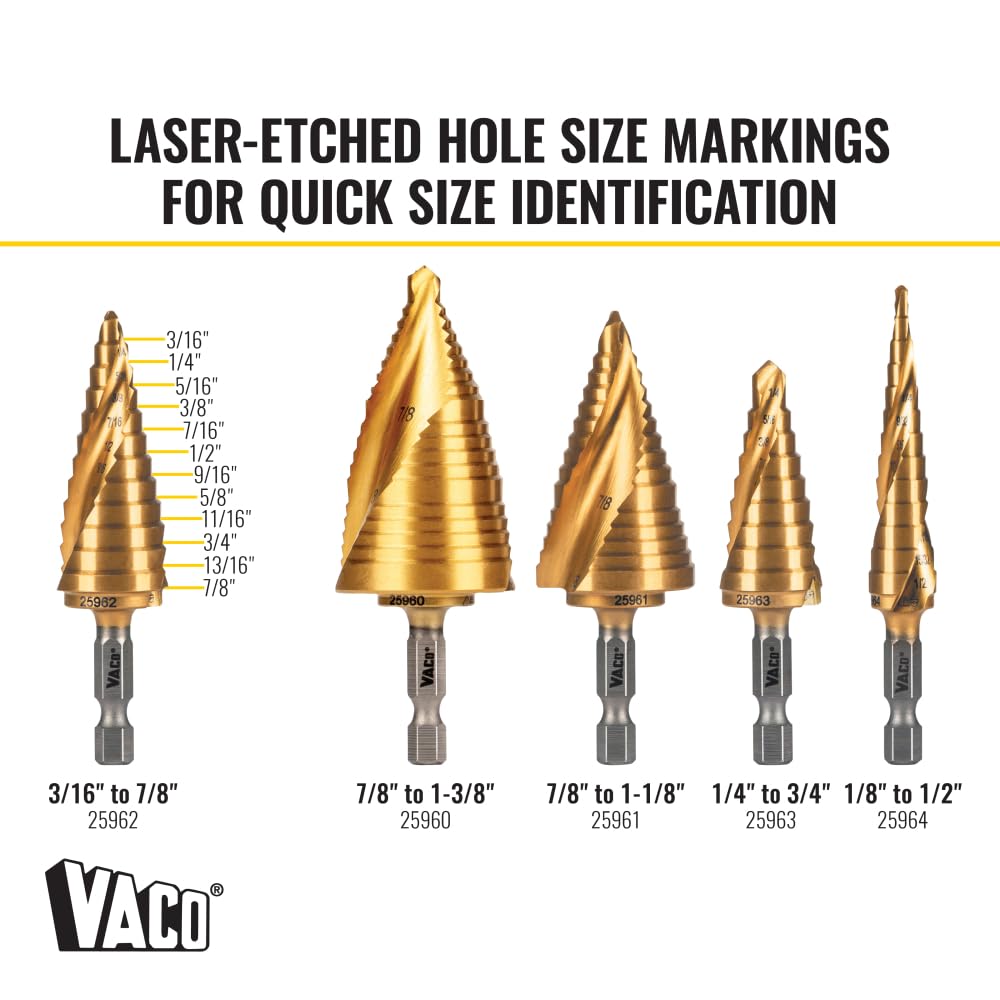 Klein Tools 25962 Broca escalonada, 3/16 a 7/8 pulgadas, espiral de doble vuelta, corta metal fino, plástico, aluminio, madera, vástago hexagonal de 1/4 pulgadas, VACO
