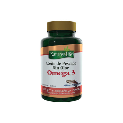 Nature's Life - Aceite de Pescado Sin Olor Omega 3 Vitamina E 65 Cápsulas | Aporta EPA y DHA, ayuda a cuidar la salud cardiovascular, sin gluten, sin lactosa y sin trigo, apto para mayores de 18 años
