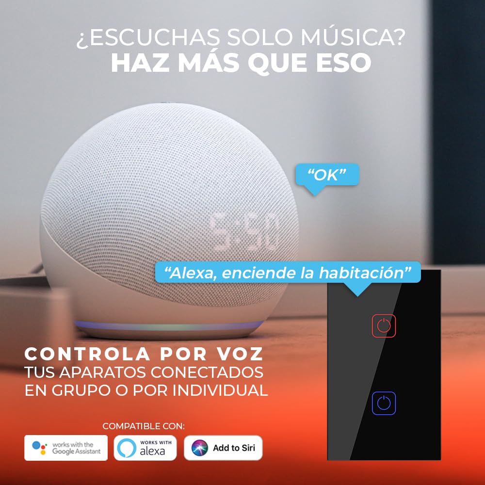 Tecnolite Connect - Apagador Inteligente Táctil WiFi 2 Circuitos, Sin Cable Neutro, Compatible con App móvil, Alexa, Google y Siri, Interruptor Inteligente