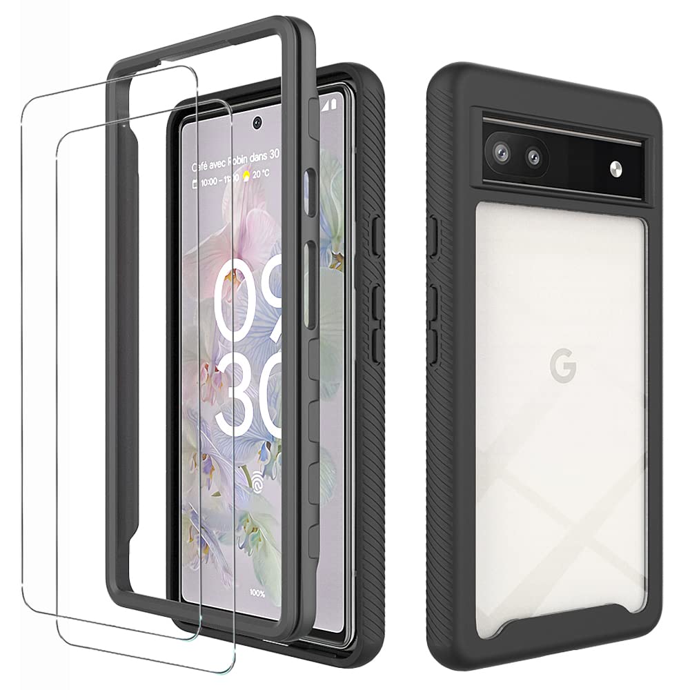 BestAlice para Google Pixel 6A Funda Case + 2 pcs Protector de Pantalla de Cristal Templado Mica, Rudo Uso Duro Transparente + Suave TPU Bumper Carcasa, Negro