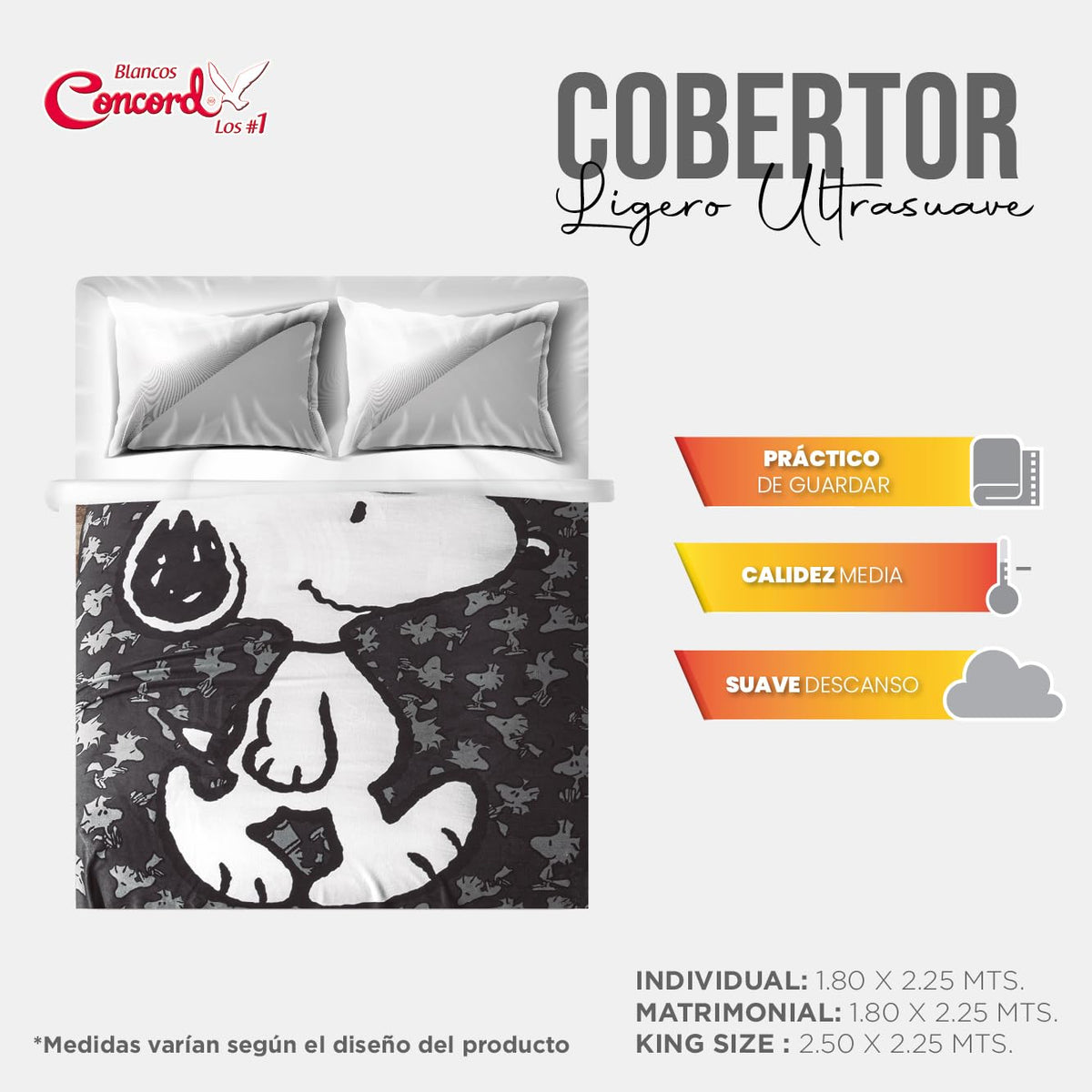 Colchas Concord | Cobija Ligera Suave y calientita matrimonial, frazada Ligera Infantil en Color Negro diseño Snoopy Black, Medida matrimonial 2.25 x 1.80 m