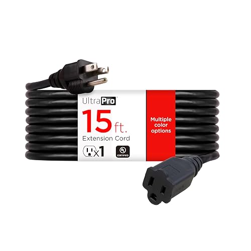 GE Cable de extensión UltraPro de 15 pies, doble aislamiento, interior/exterior, uso general, 3 cables, calibre 16, ideal para iluminación exterior, listado UL, negro, 36824-T1