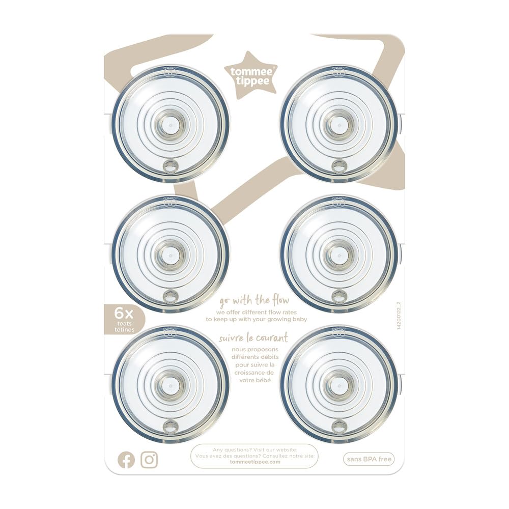 Tommee Tippee Tetinas para Biberón Natural Start, Flujo Medio, 3m+ | Paquete de 6, Tipo Pecho para Agarre Natural, Válvula Anticólicos, Silicona Suave, Libre de BPA