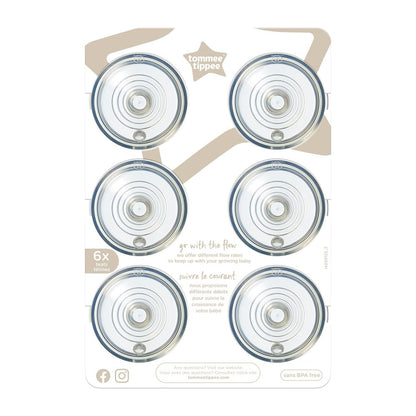 Tommee Tippee Tetinas para Biberón Natural Start, Flujo Medio, 3m+ | Paquete de 6, Tipo Pecho para Agarre Natural, Válvula Anticólicos, Silicona Suave, Libre de BPA