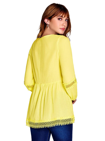 Ilusion Mujer Blusa Tiro Plano Manga Larga Doble Tela en Busto Detalles de Crochet 81173