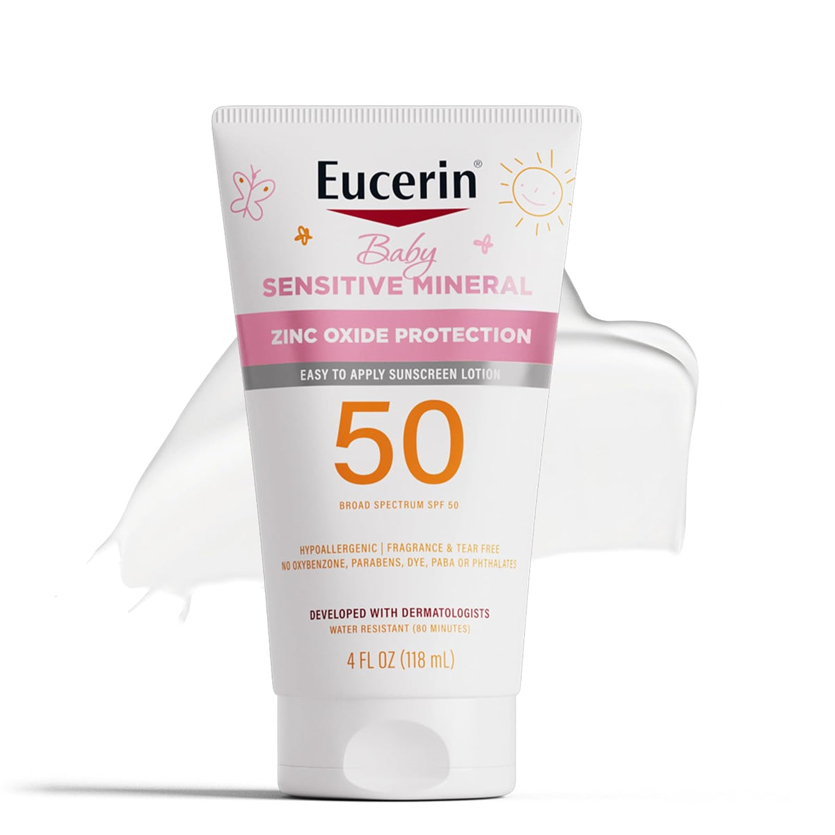 Eucerin Sun Sensitive Mineral Baby Protector solar SPF 50, loción protectora solar con protección de óxido de zinc, tubo de 4 onzas líquidas