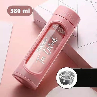 TRESSO Botella de Vidrio con Infusor para Té 380 ml y Funda de Plástico, Color Rosa
