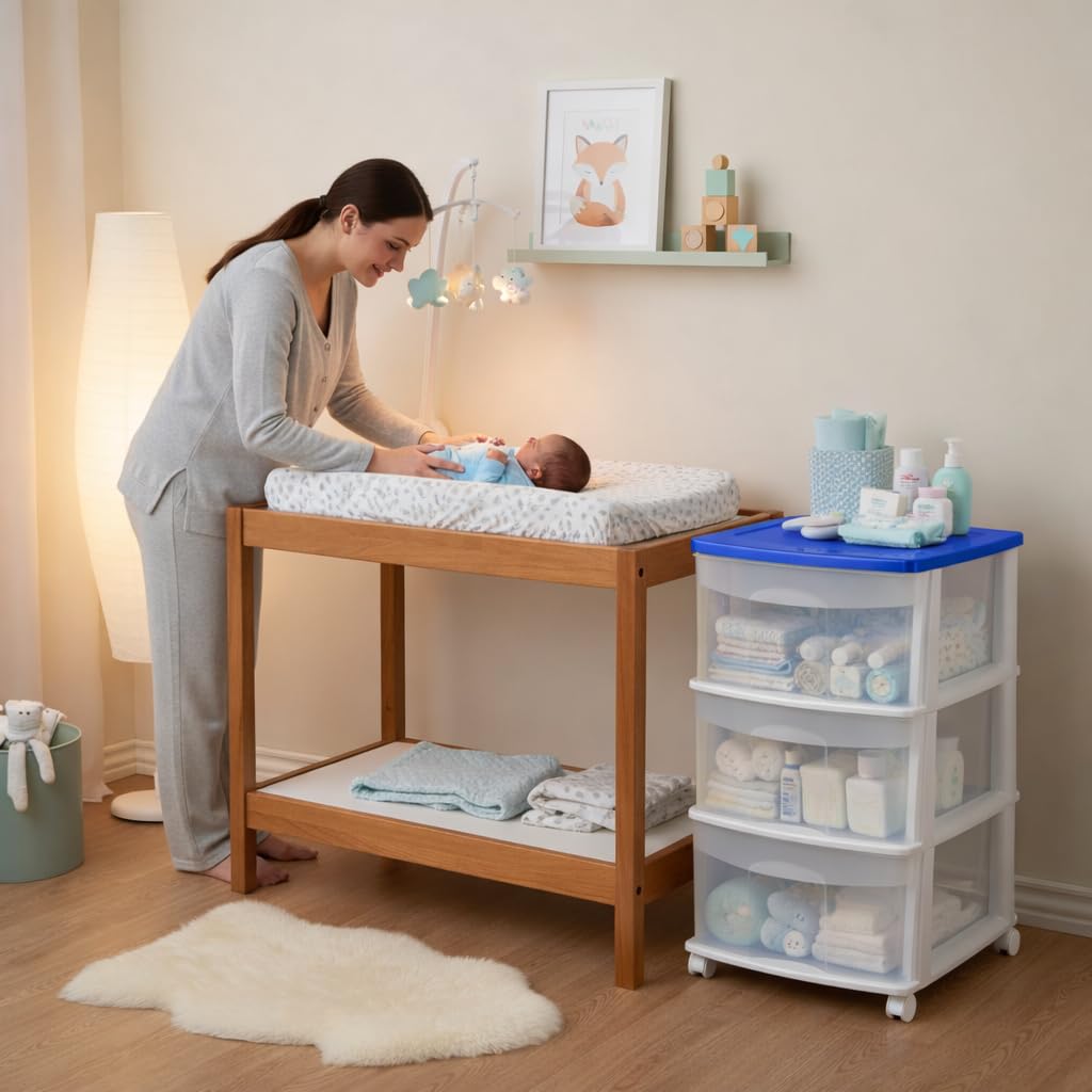 Italhome Cajonera FOX 3 de Plástico con Ruedas 3 Cajones Transparentes, Organizador Multiusos Móvil para Hogar y Oficina, Mueble Ligero Resistente, Color Azul