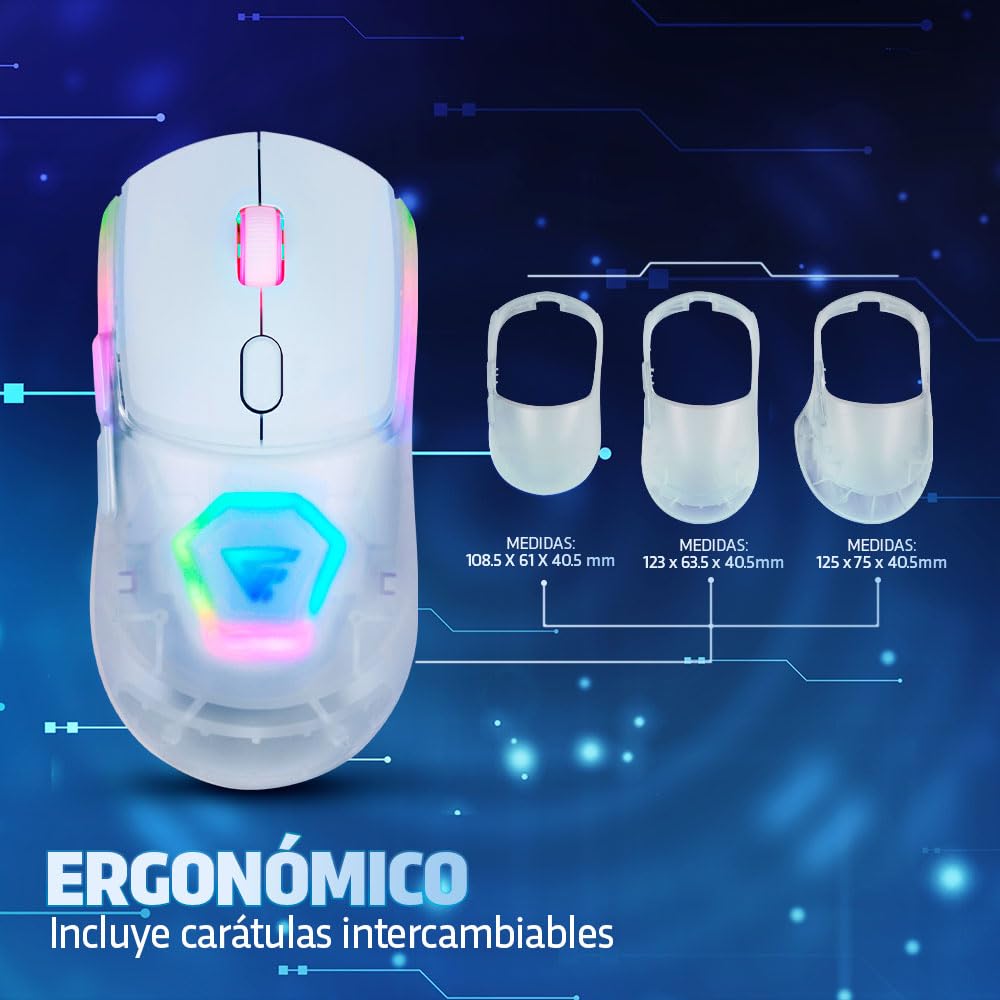 GAME FACTOR MOW700-WH Mouse Gamer Inalámbrico - Sensor Pixart 3395, 26000 dpi, RGB, Bluetooth/2.4GHz, 3 Carcasas, Batería 600mAh, 20M Clics, Ideal para PC Gaming Color Blanco