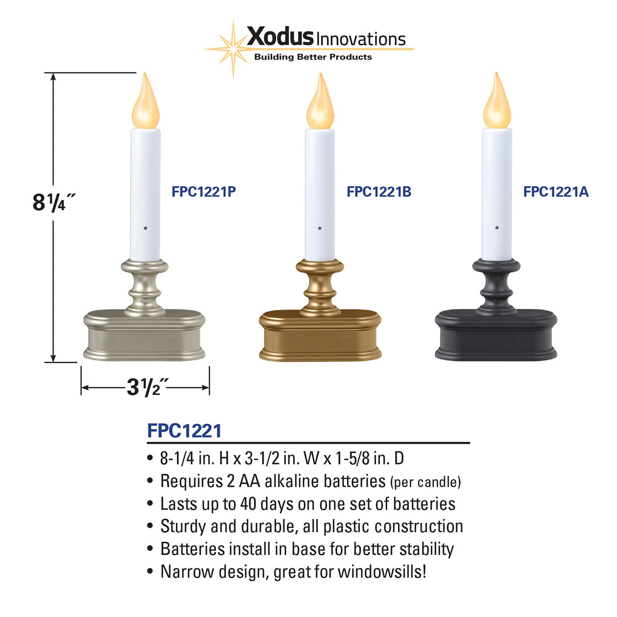 Xodus Innovations FPC1221P - Vela LED de policarbonato para ventana de atardecer a amanecer, con llama ámbar realista, peltre
