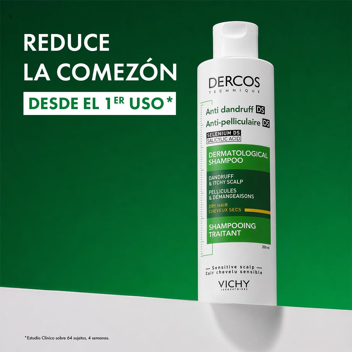Vichy Dercos Shampoo Dermatológico Anti-Caspa Cabello Normal a Seco 200ml | Elimina 100% de Caspa Visible y su Reaparición, Reduce Comezón desde 1er Uso, con Ácido Salicílico y Selenio DS