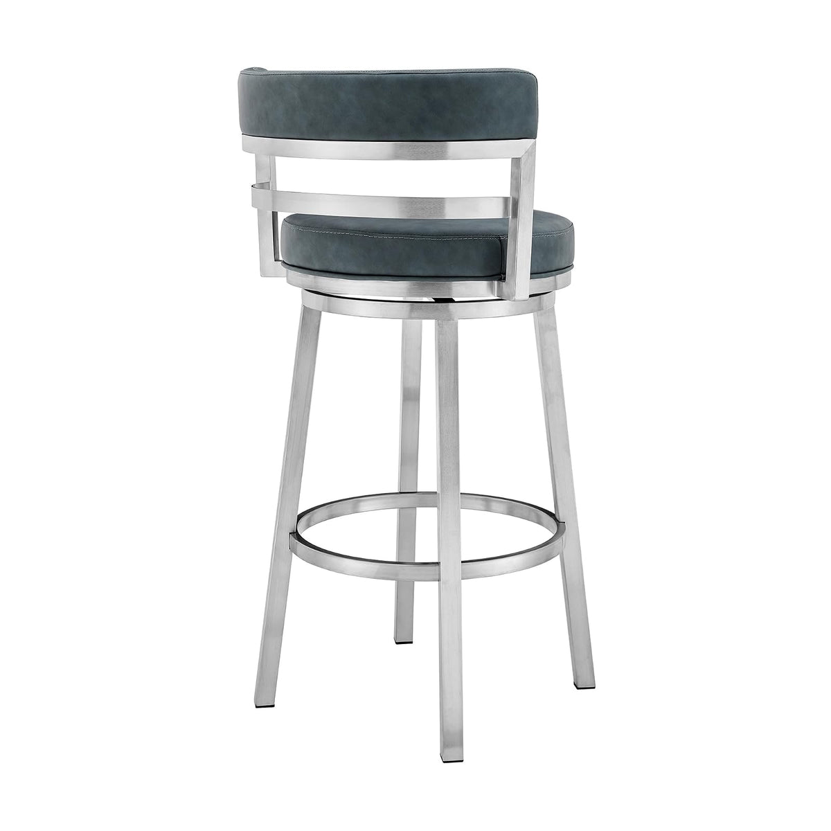 Armen Living Madrid 26" Counter Height Swivel Blue Faux Leather and Brushed Stainless Steel Bar Stool