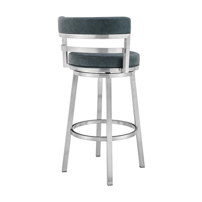 Armen Living Madrid 26" Counter Height Swivel Blue Faux Leather and Brushed Stainless Steel Bar Stool