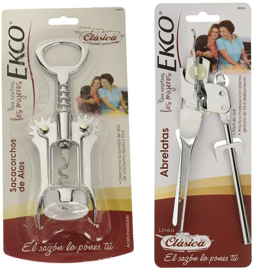 Ekco, Sacacorchos de Alas, Cromado y Acero inoxidable, 50948, Color Plateado Pulido + 50214 Abrelatas Milagro