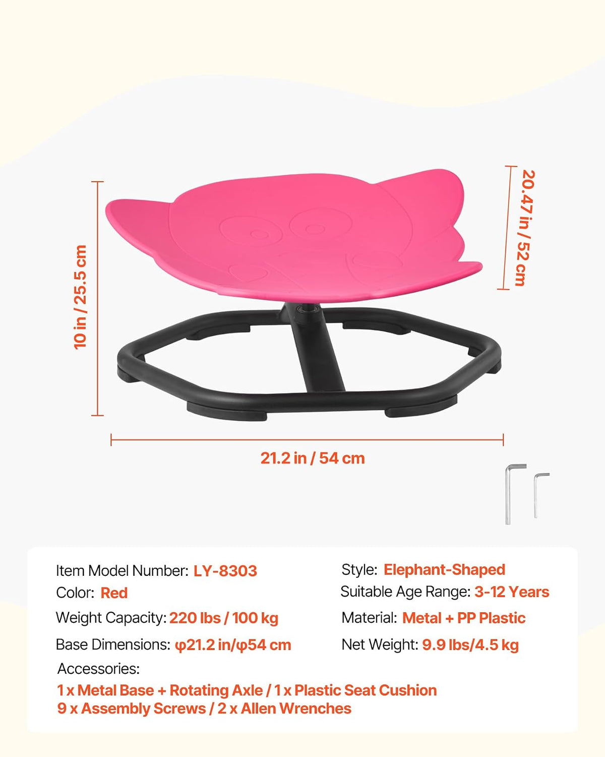 VEVOR Silla Giratoria Infantil Sensorial, Forma de Elefante, hasta 100 kg, con Base Metálica Antideslizante, Favorece la Coordinación, el Equilibrio y la Concentración, Roja, 54 x 54 x 25,5 cm
