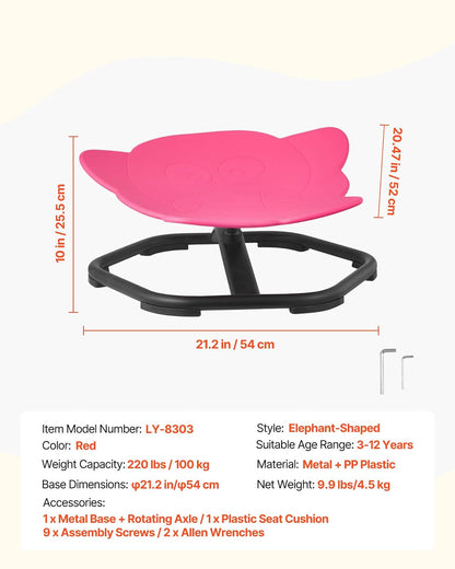 VEVOR Silla Giratoria Infantil Sensorial, Forma de Elefante, hasta 100 kg, con Base Metálica Antideslizante, Favorece la Coordinación, el Equilibrio y la Concentración, Roja, 54 x 54 x 25,5 cm