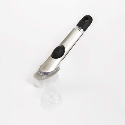 OXO SteeL Soap Dispensing Dish Brush | OXO - cepillo para polvo dispensador de jabón de acero, cepillo para polvo para platos con mango para sartenes, fregadero