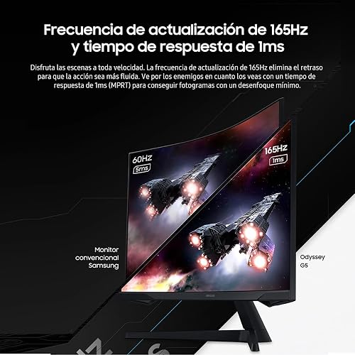 Samsung 27" Odyssey Monitor G55C QHD 165Hz,Frecuencia de actualización de 165 Hz y Tiempo de Respuesta de 1 ms (MPRT), Resolución QHD, Curvatura 1000R, AMD FreeSync, HDR10 LS27CG552ELXZX