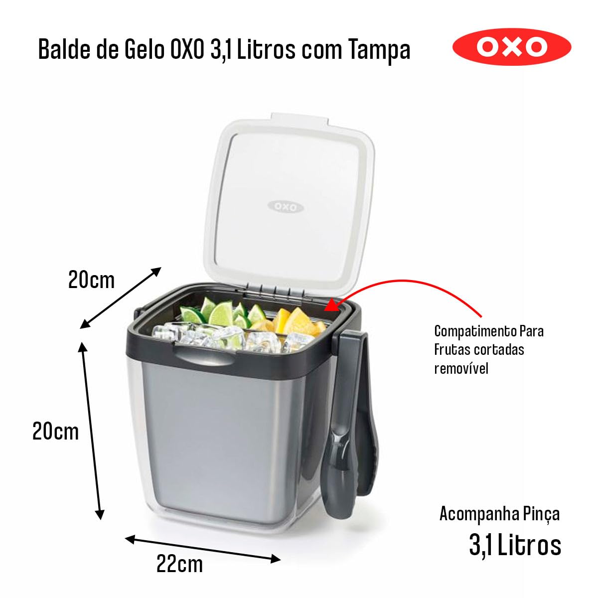 OXO 11169200 Juego Hielera, Charola, Pinzas, 3 Piezas, 3 litros, Multicolor