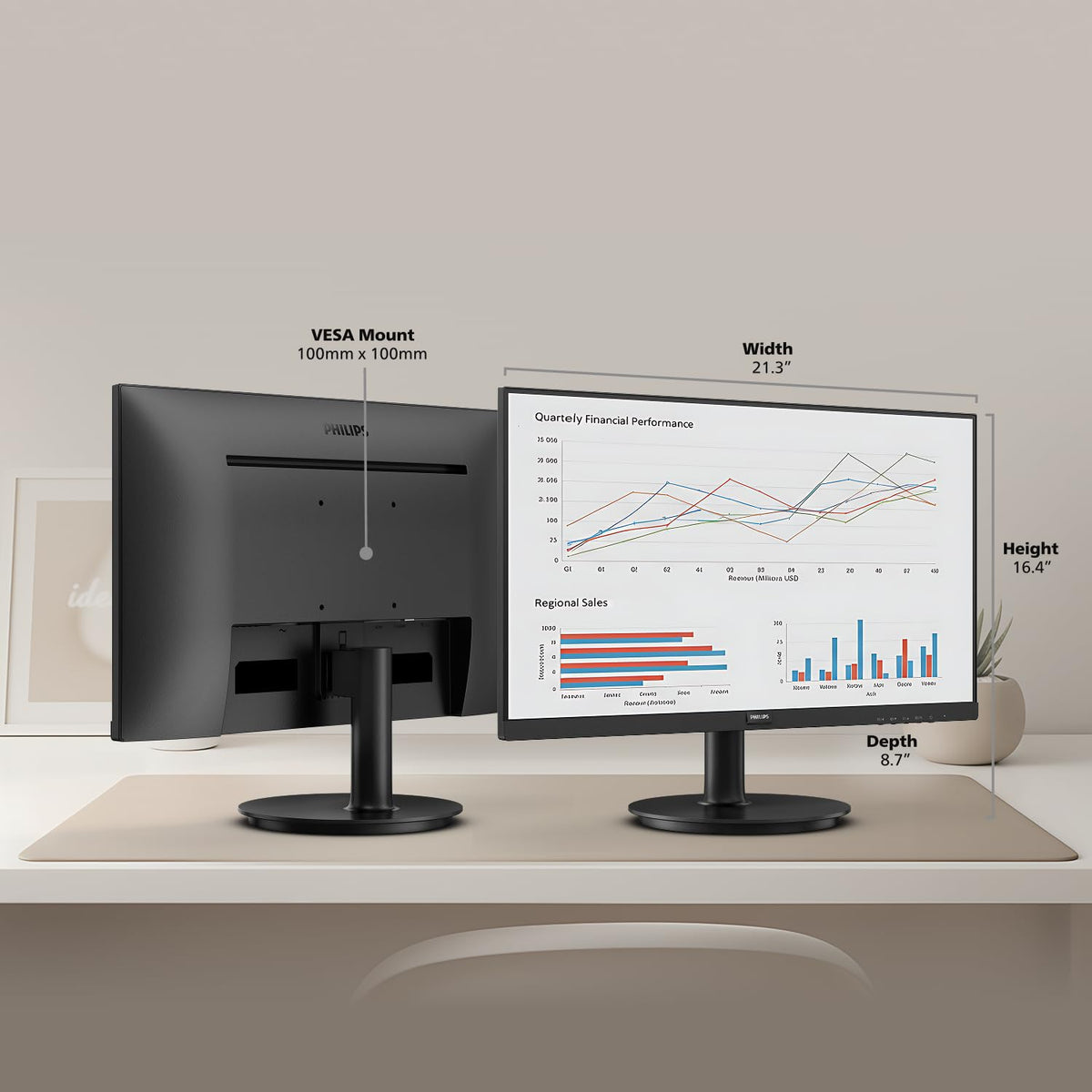 Philips Monitor Full HD de 24 Pulgadas sin Marco (1920 x 1080) de 100 Hz, VESA, HDMI x1, Puerto VGA x1, Cuidado de los Ojos, garantía de reemplazo de 4 años por Adelantado, 241V8LB