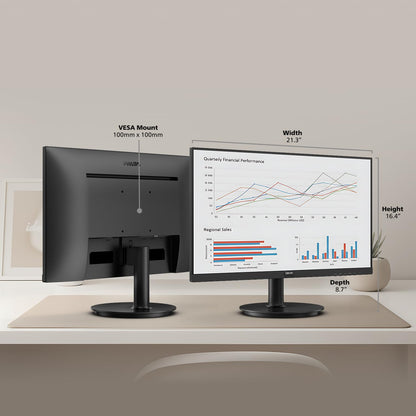 Philips Monitor Full HD de 24 Pulgadas sin Marco (1920 x 1080) de 100 Hz, VESA, HDMI x1, Puerto VGA x1, Cuidado de los Ojos, garantía de reemplazo de 4 años por Adelantado, 241V8LB