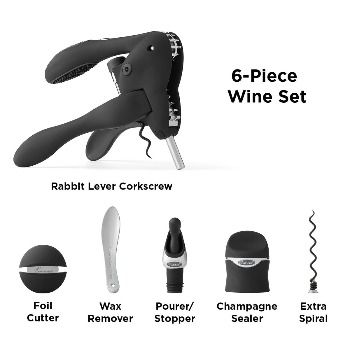 Metrokane Rabbit 6-Piece Wine Tool Kit, Black