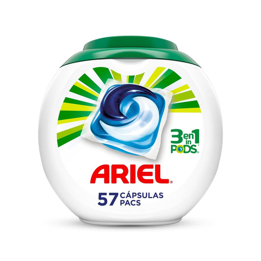 Ariel Detergente 3en1 Jabón para Ropa, Quitamanchas, Abrillantador 57 Pods