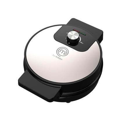 Hukën x MasterChef | Wafflera Belga Eléctrica Flash Cook+ Redonda | Perilla de Temperatura Ajustable | Diseño Compacto | Luces de Encendido y Listo | Antiadherente de Alto Nivel | Acero Inoxidable