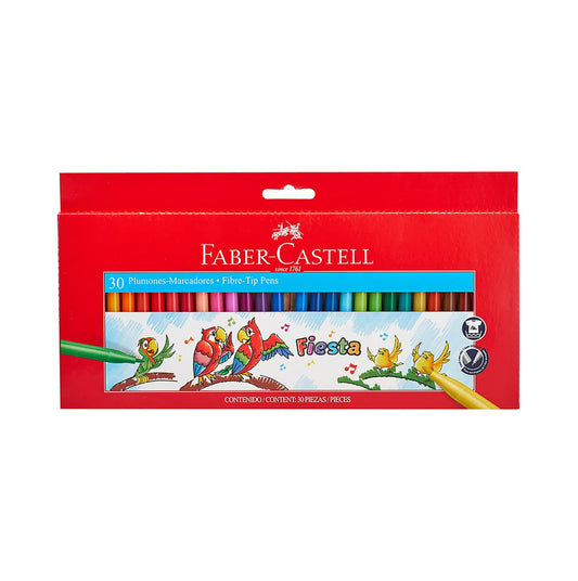 Faber-Castell Marcadores Fiesta con 30 Plumones de Diferentes Colores, presentados en un práctico estuche de cartón, ideal para mantener los plumones organizados y transportarlos fácilmente