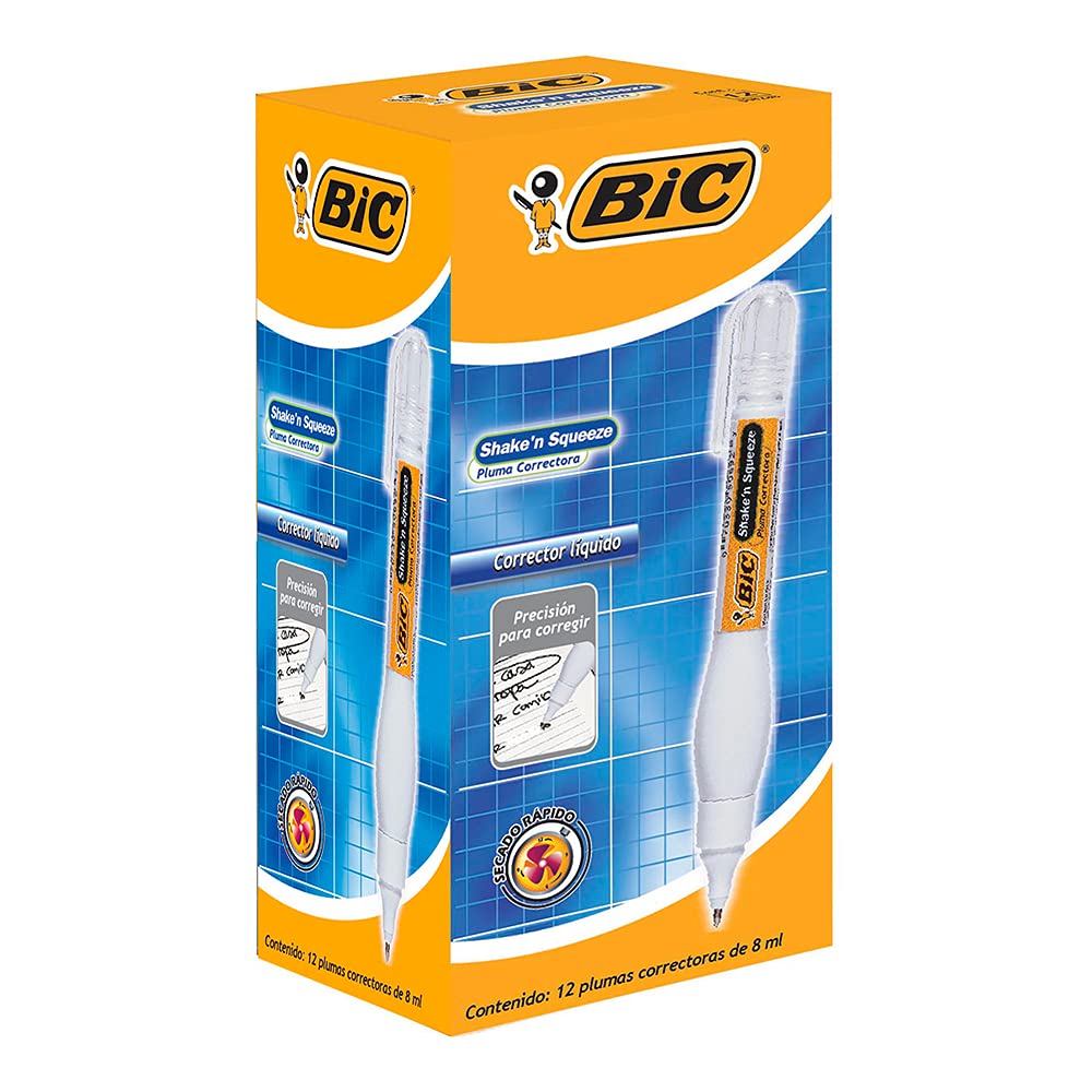 BIC Pluma Correctora Shake´n Squeeze Ideal para Detalles Máxima Cobertura Fácil de Aplicar con Punta de Acero 12 Piezas