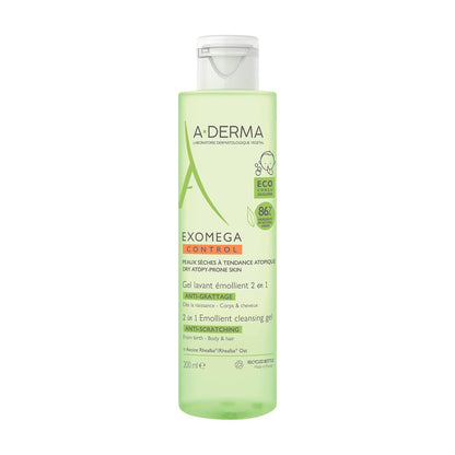 A-DERMA Exomega Control Gel Limpiador de Bebe Piel Atopica Muy Seca, 200 ml