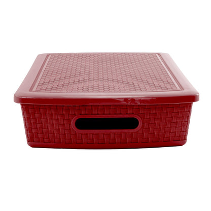 Guateplast Cestas Plásticas Rectangulares Vino 37x29x9 cm | Set de 3, con tapa, estilo ratán, apilables, organización para clósets, oficina