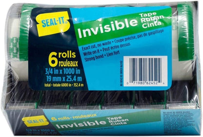Seal-It Invisible Stationery Tape 3/4 x 1000 Inches On Press N' Cut Dispenser, Pack of 6 Total 6000 Inches