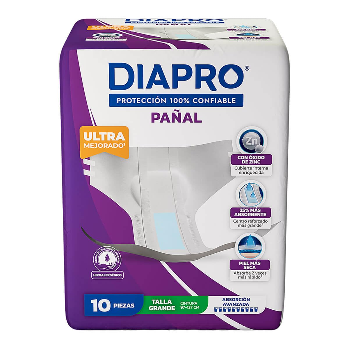 Diapro Pañal Anatómico Desechable para Incontinencia, Talla Grande, Unisex, Caja con 40 Piezas (4 paquetes de 10 piezas c/u), con protección trasera