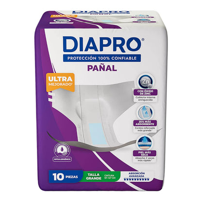 Diapro Pañal Anatómico Desechable para Incontinencia, Talla Grande, Unisex, Caja con 40 Piezas (4 paquetes de 10 piezas c/u), con protección trasera