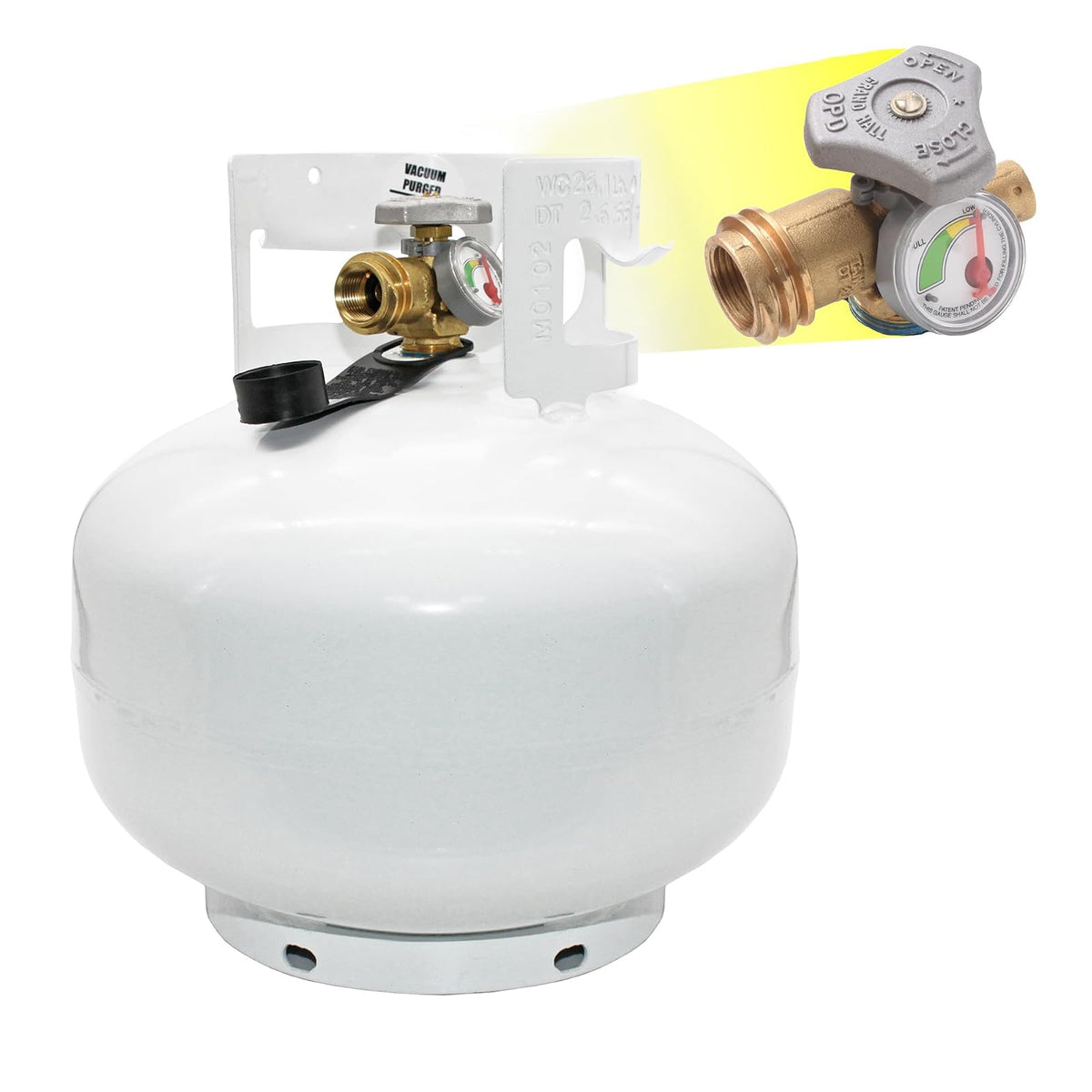 Flame King YSN11SQTa - Cilindro de tanque de propano de 12 libras con tapa antipolvo, válvula OPD tipo 1 y calibre integrado, color blanco