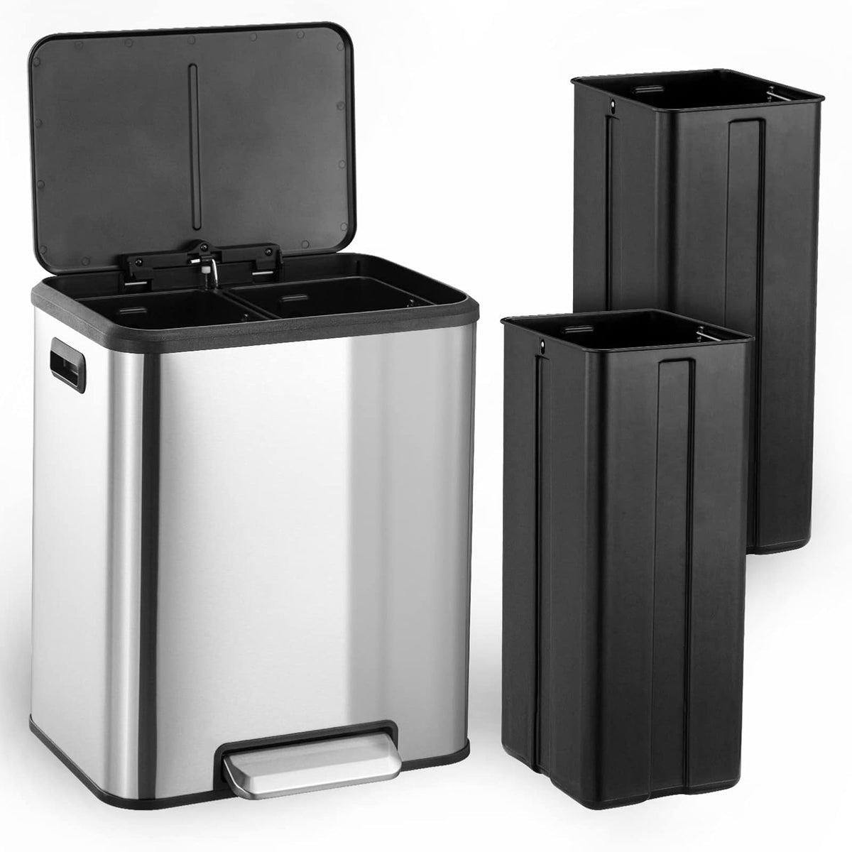 MOVECOM - Bote de basura doble de 2 x 4 galones (30 litros) y cubeta de reciclaje, bote de acero inoxidable con tapa de cierre suave, cubos interiores extraíbles, cubeta de basura para la oficina en