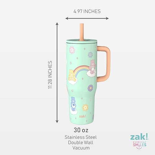 Zak Designs Care Bears Sutton - Vaso de viaje para uso en movimiento, acero inoxidable de 30 onzas con aislamiento al aspiradora, popote de silicona y asa de transporte para bebidas frías (osos de