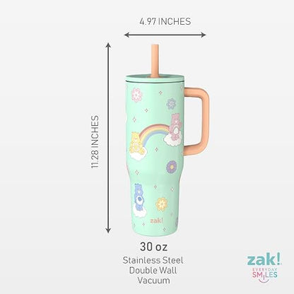 Zak Designs Care Bears Sutton - Vaso de viaje para uso en movimiento, acero inoxidable de 30 onzas con aislamiento al aspiradora, popote de silicona y asa de transporte para bebidas frías (osos de