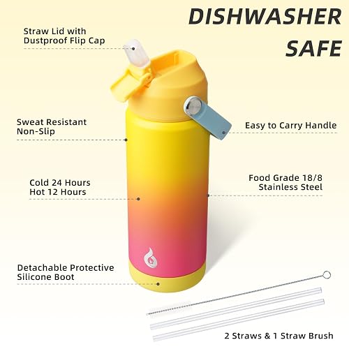 BJPKPK - Botella de agua aislada con tapa de popote, botellas de agua termo de 18 onzas con boquilla suave, mango flexible y bota antideslizante, sin BPA, termo de metal de acero inoxidable a prueba