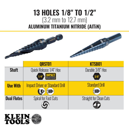 Klein Tools QRST01 Broca escalonada, espiral de liberación rápida, doble fluida, 1/8 a 1/2 pulgadas, vástago hexagonal, acero cortado, madera, plástico, aluminio