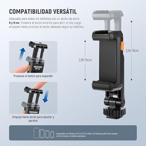 NEEWER Soporte de Trípode para Teléfono con Rosca 1/4" y Zapata Fría, 2.36"-3.54"/6-9cm 360° Giratorio Cámara Abrazadera Teléfono para iPhone 15 14 13 12 11 Pro MAX X XR Samsung S24 Ultra, SP-10